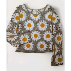 Rebellion Daisy Crochet Sweater Taupe Mustard Floral Medium Festival Boho